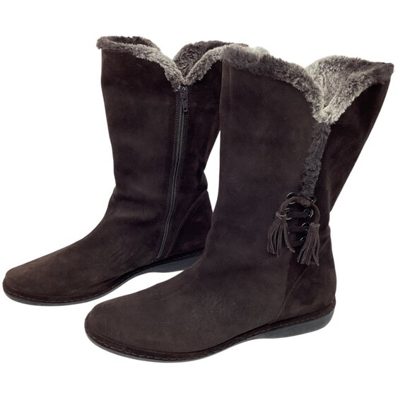 Stuart Weitzman Suede Mid-Calf Tassel Womens 10.5M Boots Zip Faux Fur Brown - Picture 1 of 14